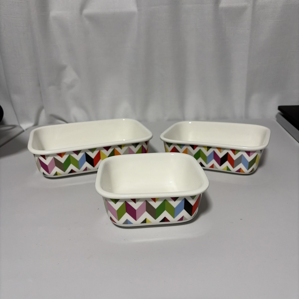 French Bull Rainbow Geometrical Ceramic Rectangular 3 Bowl Set